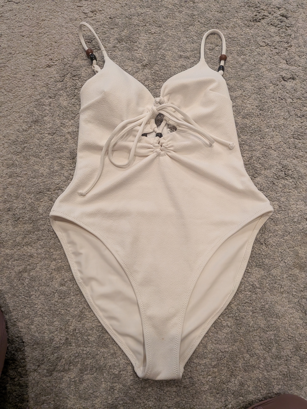 H&M Textured Cream One-Piece Swimsuit with Beaded Straps